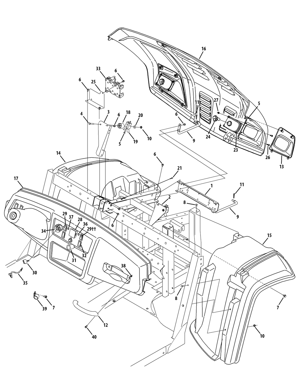 Front Fenders And Dash Diagram and Parts List for 46D 4X4-37ACD710 Cub Cadet Lawn Tractor Accessories